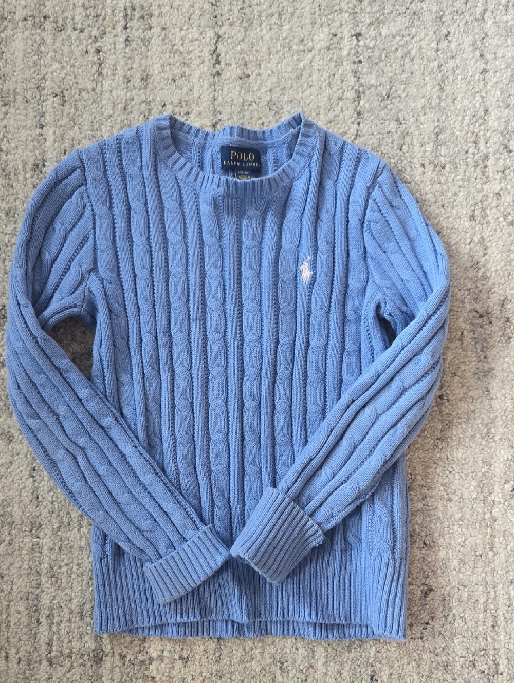 Polo by Ralph Lauren Men's Cable Crewneck Sweater — Light Blue with Pink Pony